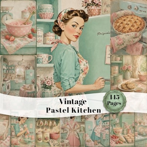 Könnte beinhalten: Eine Collage im Vintage-Stil, die eine Küche in Pastellfarben mit einer Frau in einer Blumenschürze zeigt. Das Bild enthält Backutensilien, einen Kuchen und den Text "Vintage Pastel Kitchen" mit "145 Pages" in einem kreisförmigen Abzeichen. Die Ästhetik ist weich und nostalgisch.