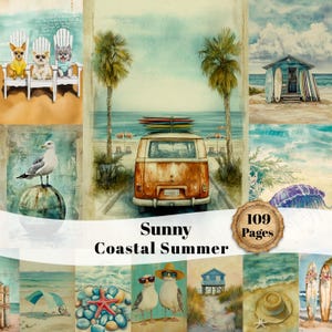 May include: Watercolor artwork featuring a collection of coastal summer scenes. Includes a vintage orange van with surfboards, dogs in beach chairs, seagulls, and beach huts. The text "Sunny Coastal Summer" and "109 Pages" are also visible.