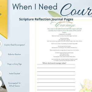 Puede incluir: Una página de diario con el texto "When I Need Courage" y "Scripture Reflection Journal Pages". La página incluye un pasaje de las Escrituras y preguntas para la reflexión. También se ve una computadora portátil, una taza de café y detalles florales.