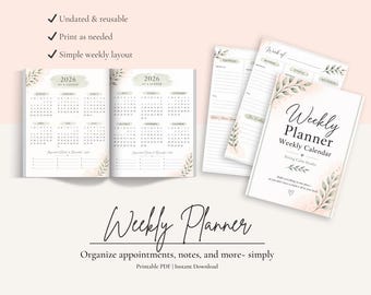 Planificador semanal sin fecha para imprimir / Calendario minimalista para notas de citas (Descarga en PDF)