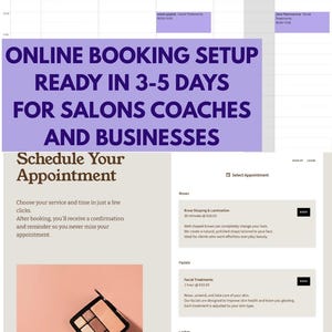 May include: A webpage promoting online booking setup for salons and businesses, ready in 3-5 days. The page includes a calendar, appointment scheduling options, and a makeup palette.