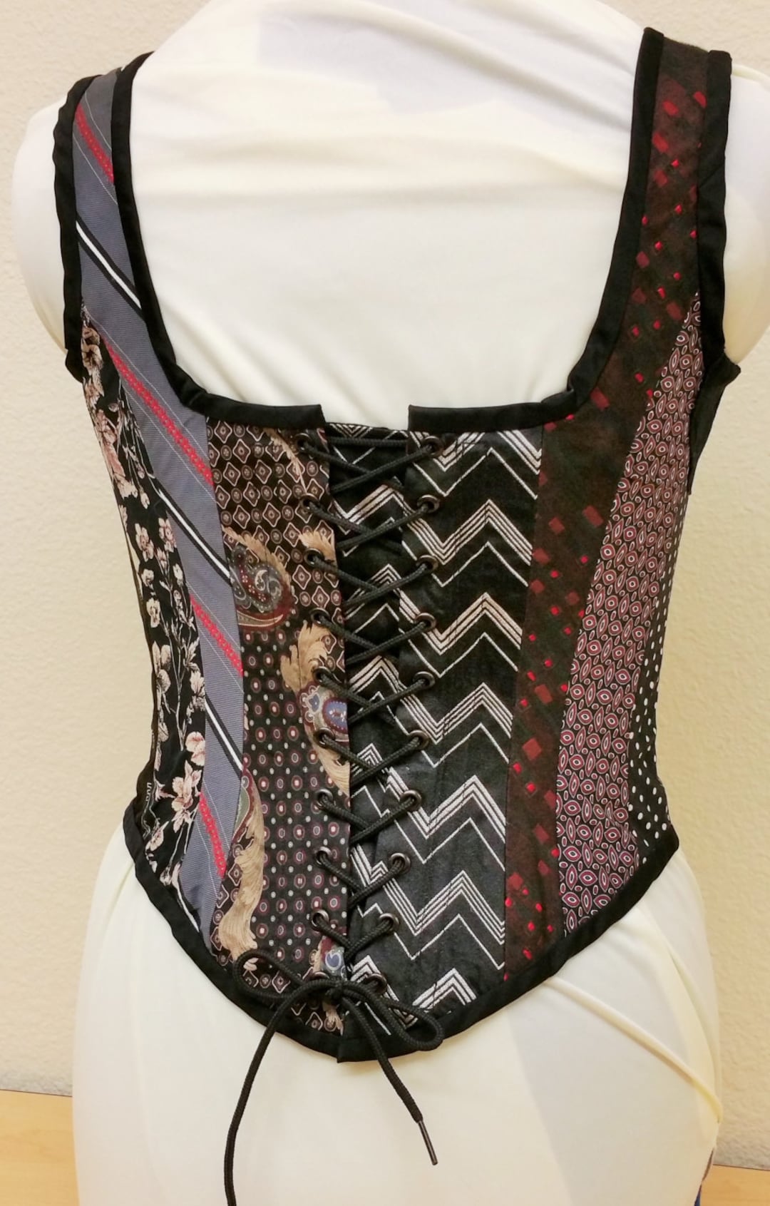 Elegant Women's Corset Handmade From Men's Ties, Boned Red/black