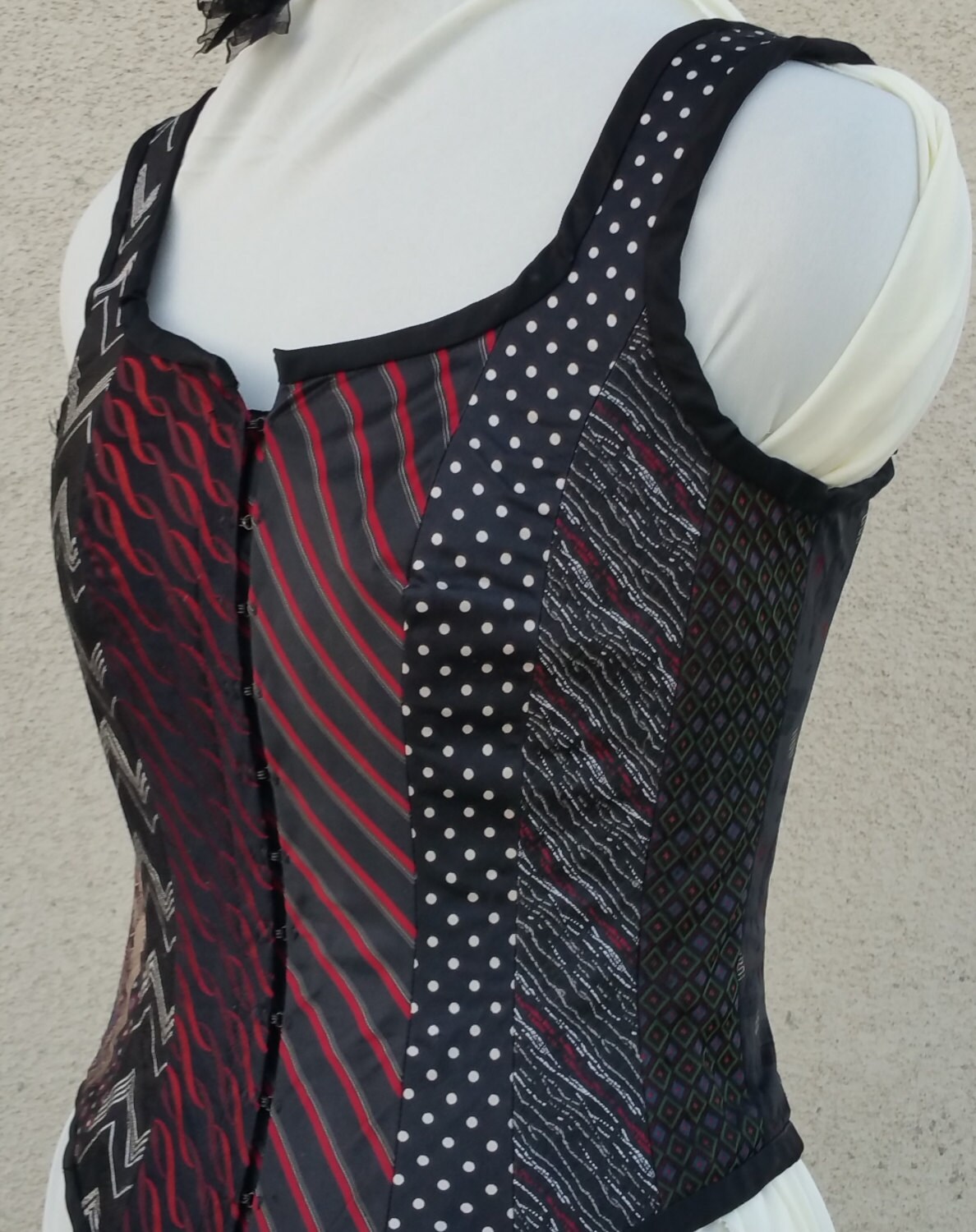 Elegant Women's Corset Handmade From Men's Ties, Boned Red/black