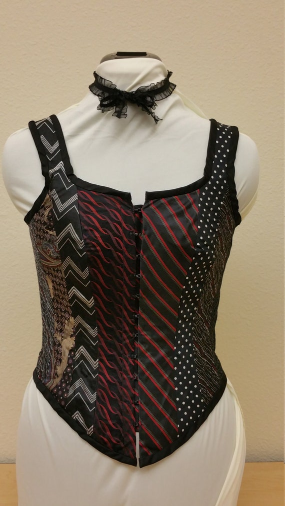 Elegant Women's Corset Handmade From Men's Ties, Boned Red/black