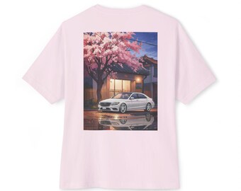 T-shirt de luxe haut de gamme « Nuits de cerisiers en fleurs » | Nuit de cerisier et reflets dans les flaques d'eau | T-shirt artistique crossover JDM/LHD | Vie nocturne urbaine