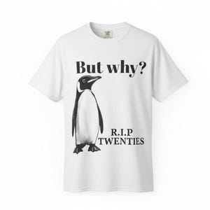 Mas por quê? R.I.P. Camiseta engraçada de aniversário com pinguim dos anos 20