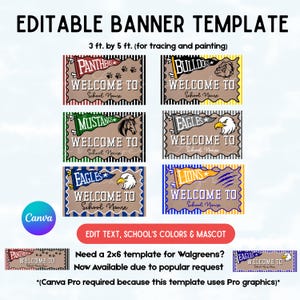 Könnte beinhalten: Ein bearbeitbares Banner-Vorlagen-Set in 0,91 m x 1,52 m mit sechs rechteckigen Designs, Wimpeln, Maskottchen und dem Text "WELCOME TO School Name". Enthält eine 0,61 m x 1,83 m Vorlagenoption sowie Canva-Branding und Bearbeitungshinweise.