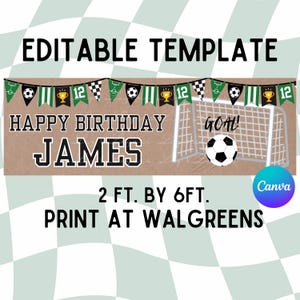 May include: A rectangular banner template featuring the text HAPPY BIRTHDAY JAMES in black block letters. The design includes a soccer goal, a soccer ball, and a bunting banner with trophies and the number 12. It measures 2 ft. by 6 ft.