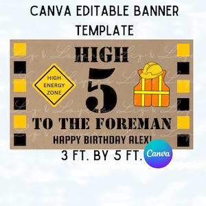 Construction Birthday Banner Template, Editable Canva Backdrop (3x5 FT)