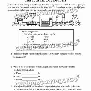 Può includere: Foglio di lavoro in bianco e nero intitolato "Emergency Cupcake Order!" con testo e illustrazioni di una fabbrica che produce cupcake. Il foglio di lavoro include domande sulla produzione di cupcake.