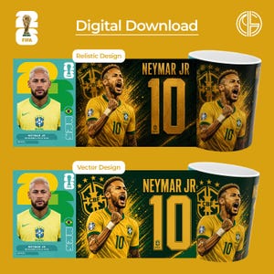 May include: A digital download file featuring a mug wrap design of Neymar Jr. in a yellow Brazil jersey with the number 10. The graphic includes the text Neymar Jr, the number 10, and the CBF logo. Two versions are shown: a realistic design and a vector design, both displayed on a yellow background with FIFA branding.