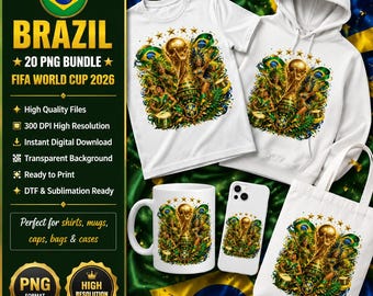 Brazylijskie Mistrzostwa Świata FIFA 2026 w formacie PNG, 20 wzorów, plik sublimacyjny Selecao DTF, przezroczystość 300 DPI, koszulka, kubek, torba, cyfrowe pobieranie