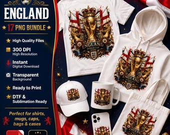 Angielski Puchar Świata FIFA 2026 Pakiet PNG 17 wzorów, plik sublimacyjny Three Lions DTF, przezroczystość 300 DPI, koszulka, kubek, torba, cyfrowe pobieranie
