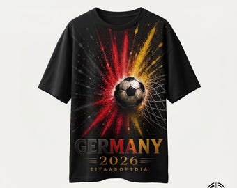 Alemania 2026 PNG / Diseño de camiseta con explosión de balón de fútbol para la Copa Mundial / Gráfico de fútbol con explosión de pintura negra, roja y dorada / Archivo PNG DTF