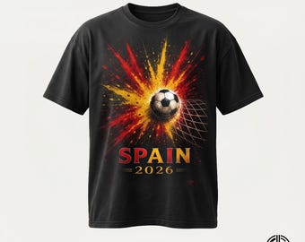 España 2026 PNG / Diseño de camiseta con explosión de balón de fútbol para la Copa Mundial / Gráfico de fútbol con explosión de pintura roja y amarilla / Archivo PNG DTF