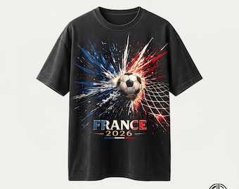 Francia 2026 PNG / Diseño de camiseta con explosión de balón de fútbol para la Copa Mundial / Gráfico de fútbol con explosión de pintura azul, roja y blanca / Archivo PNG DTF