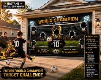Pancarta del Desafío de Fútbol Futuro Campeón Mundial — Pancarta de fútbol personalizada para puerta de garaje y patio trasero
