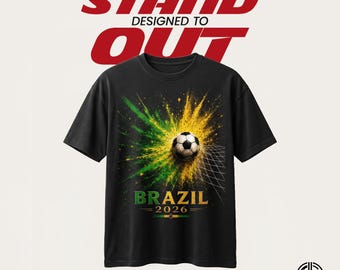 Brasil 2026 PNG / Diseño de camiseta con explosión de balón de fútbol para la Copa Mundial / Gráfico de fútbol con explosión de pintura verde y amarilla / Archivo PNG DTF
