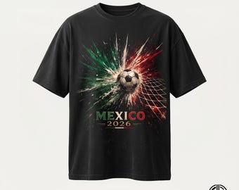 México 2026 PNG / Diseño de camiseta con explosión de balón de fútbol para la Copa Mundial / Gráfico de fútbol con explosión de pintura verde, blanca y roja / Archivo PNG DTF