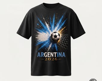 Argentina 2026 PNG / Diseño de camiseta con explosión de balón de fútbol para la Copa Mundial / Gráfico de fútbol con explosión de pintura azul y blanca / Archivo PNG DTF