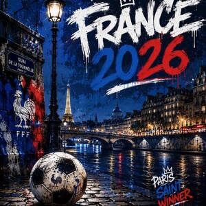 May include: A graphic poster featuring a soccer ball on a cobblestone street in Paris at night. The text reads FRANCE 2026, PARIS SAINT WINNER, and FIERS D'&Ecirc;TRE BLEUS. A street lamp, the Eiffel Tower, and a wall with a rooster emblem are visible.