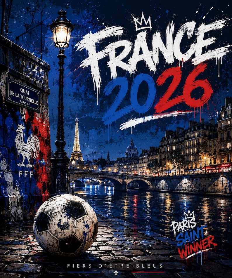 May include: A graphic poster featuring a soccer ball on a cobblestone street in Paris at night. The text reads FRANCE 2026, PARIS SAINT WINNER, and FIERS D'&Ecirc;TRE BLEUS. A street lamp, the Eiffel Tower, and a wall with a rooster emblem are visible.