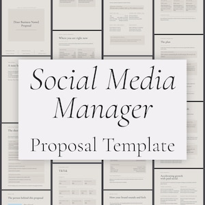 May include: A digital document template titled Social Media Manager Proposal Template, featuring a beige background with dark text. The layout includes multiple pages with sections for business names, strategy plans, platform audits, and growth metrics.