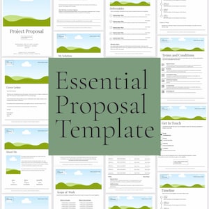 May include: A digital template titled "Essential Proposal Template" with various sections including a cover letter, about me, deliverables, and terms and conditions. The design features green and blue accents.