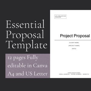 Puede incluir: Una plantilla de propuesta de proyecto con el texto "Essential Proposal Template". La plantilla incluye 12 páginas, es totalmente editable en Canva y está disponible en tamaños A4 y US Letter. El diseño es minimalista con una combinación de colores blanco y negro.