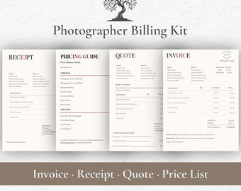 Fully Editable Photographer Billing Kit Canva Template Invoice Receipt Quote and Price List