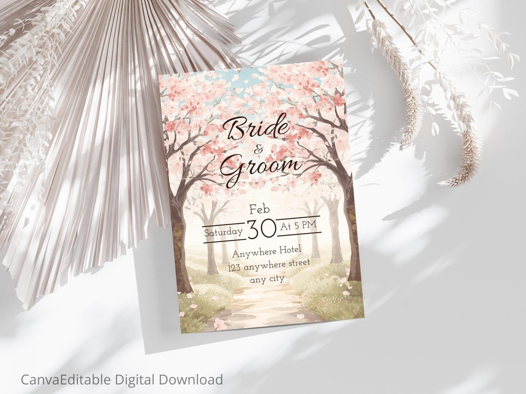 Cherry Blossom Wedding Invitation Editable Canva Template Printable ...