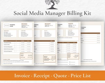 Social Media Manager Billing Kit, Invoice, Receipt, Quote Templates (Canva)