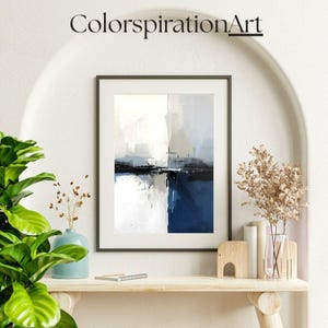 Abstract geometric painting in blue, black and white with urban textures, structured cross composition, elegant and balanced modern style