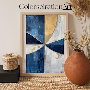 Könnte beinhalten: Ein gerahmter abstrakter Wandkunstdruck mit einer geometrischen Komposition aus marineblauen, weißen und blattgoldartigen Texturen. Das Design ist durch geschwungene Linien in vier Quadranten unterteilt und zeigt eine Mischung aus tiefblauen Pinselstrichen.