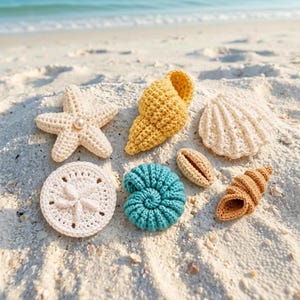 Patrón de ganchillo de concha marina en PDF: Siete estrellas de mar, caracola, cauri, decoración de playa, amigurumi para principiantes (fácil).