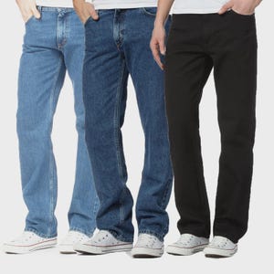 May include: Three pairs of denim jeans in light blue, mid-blue, and black. The jeans have a classic five-pocket design and are worn with white trainers. The jeans are straight-legged and appear to be made of a durable denim material.