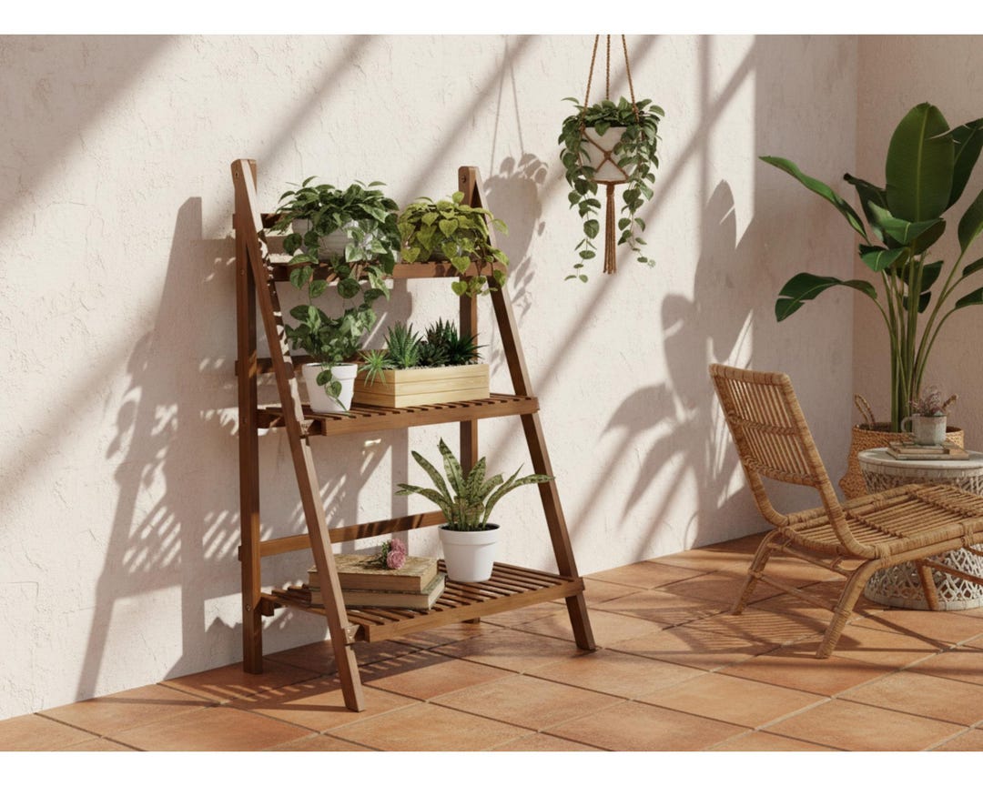 3 Tier Bamboo Plant Stand – Foldable Ladder Shelf for Indoor Outdoor ...