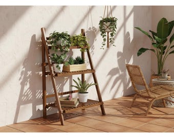 3 Tier Bamboo Plant Stand - Foldable Ladder Shelf for Indoor Outdoor Flower Display - Aesthetic Wood Grain Bookshelf - Tiered Garden Shelf
