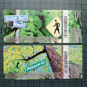 May include: Two rectangular event tickets featuring green forest illustrations. The top ticket shows street signs for Divided Sky Ln and Merriweather Dr, a pedestrian crossing sign, and text reading Summer Tour 2026. The bottom ticket displays a tree branch with an opossum and a Possum Ct street sign. Both include barcodes, section 304, row JJ, seat 14, and event details for Merriweather Post Pavilion.