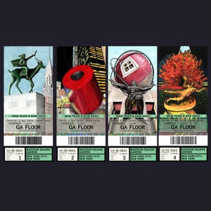 May include: Four colorful ticket stubs for New Year's Eve concerts at Madison Square Garden in New York City. Each ticket features a different illustration of a landmark in New York City, including a statue, a globe, a building, and a tree. The tickets are dated from December 28th to December 31st, 2023.