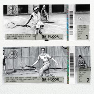 May include: Two black and white tickets featuring illustrations of tennis players in action. The tickets include the text "GA FLOOR", "FOREST HILLS STADIUM", and dates of July 22 and 23, 2025. Each ticket has a unique number and a barcode.
