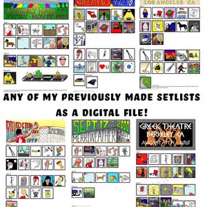 May include: A collage of colorful images depicting concert setlists from various dates and locations. Each setlist is presented as a grid of squares, with each square containing a small illustration representing a song. The dates and locations of the concerts are listed at the top of each setlist.
