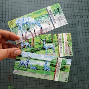 May include: Three rectangular event tickets featuring geometric blue deer illustrations in a forest and meadow setting. Each ticket displays the text Summer Tour 2026, Ruoff Music Center, Noblesville, IN, GA Lawn, Section L9, Row 219, and a barcode.