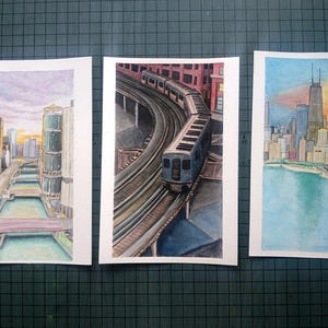 Phish Chicago, acquerelli originali, skyline di Chicago, treno, fiume, strumenti