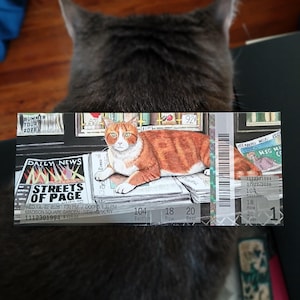 May include: A rectangular event ticket for a Summer Tour 2026 concert at Madison Square Garden on July 22, 2026. The ticket features an illustration of an orange and white cat resting on a newspaper titled Daily News Streets of Page.