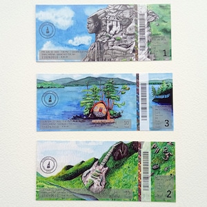 May include: Three watercolor concert tickets. One features Mount Rushmore, another a lakeside cabin, and the last a guitar on a hillside. Each ticket has a date, time, and venue information.