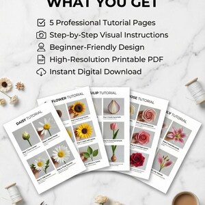 May include: A collection of five tutorial pages with step-by-step instructions for creating paper flowers. The pages are titled "Daisy Tutorial", "Flower Tutorial", "Tulip Tutorial", "Rose Tutorial", and "Lily Tutorial". The image also includes scissors, thread spools, and a cup of coffee.