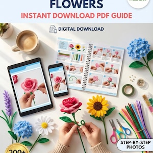 May include: An instructional guide titled "40 Pipe Cleaner Flowers" with step-by-step photos. The image shows a variety of colorful pipe cleaner flowers, a tablet, a smartphone, and a printed guide. The guide is a digital download in A4 format.