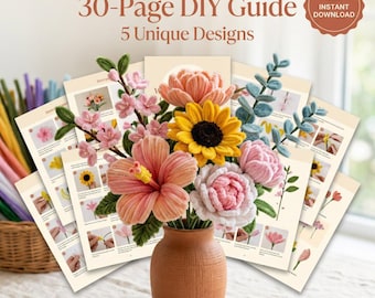 Pfeifenputzer Blumen Bundle Anleitung — 5 DIY Designs | Hibiskus, Sonnenblume, Pfingstrose, Sakura & Blumenstrauß PDF