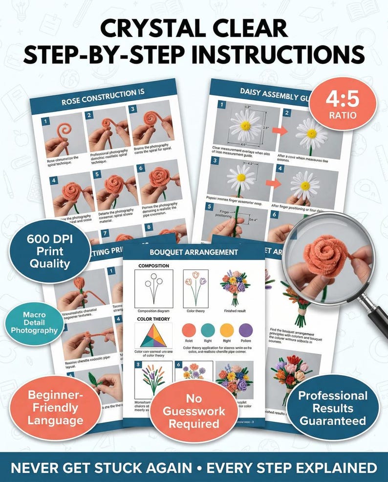 Peut inclure: Un guide avec des instructions &eacute;tape par &eacute;tape pour la fabrication de fleurs en papier. Le guide comprend des diagrammes d&eacute;taill&eacute;s et de la macrophotographie, avec le texte &laquo; Instructions &eacute;tape par &eacute;tape claires comme du cristal &raquo;.